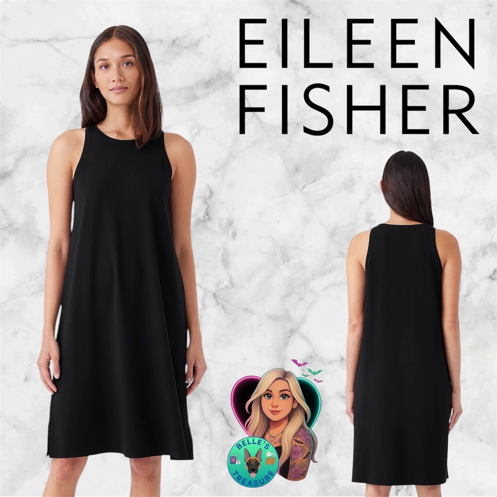Eileen Fisher Womens Large Stretch Jersey Knit Round Neck Tank Dress Black Italy
